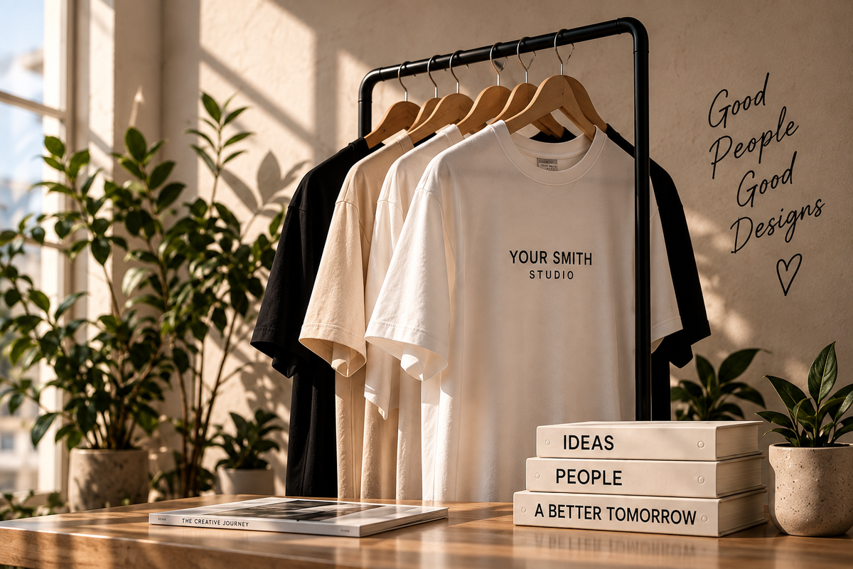 Ahşap askılarda siyah ve beyaz Your Smith Studio tişörtleri, bitkiler ve kitaplarla aydınlık stüdyo.