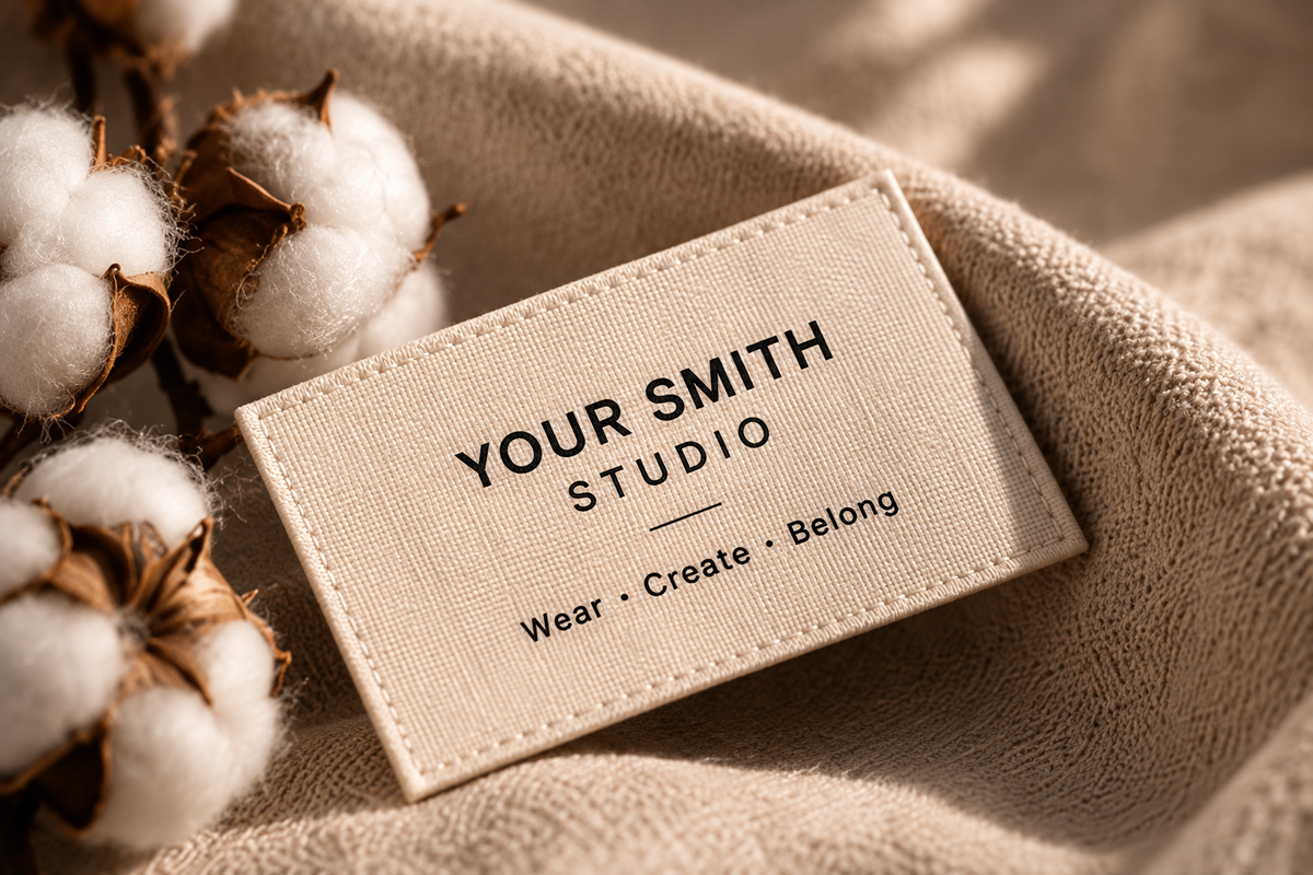 Bej kumaş üzerinde Your Smith Studio marka etiketi ve pamuk dalları